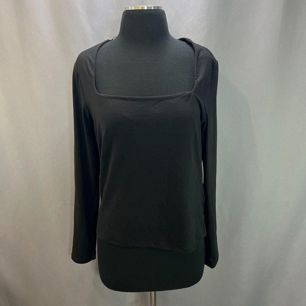 H&M Shirt Top Womens Large Black Stretch Jersey Square Neck Long Sleeve Pullover